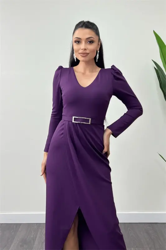 Crepe Fabric Pleated Dress - EGGPLANT PURPLE - 3