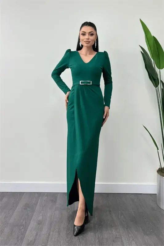 Crepe Fabric Pleated Dress - EMERALD GREEN - 1