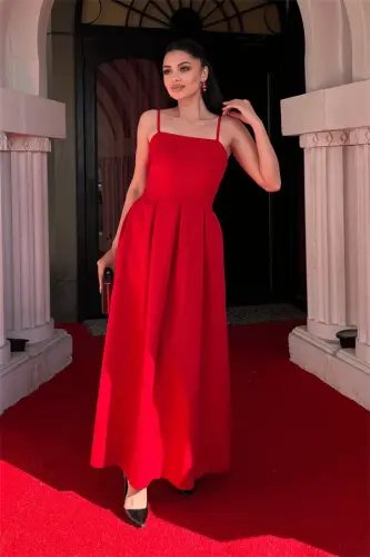 Crepe Fabric Pleated Dress - RED - BÜYÜKBEDENIZ (1)