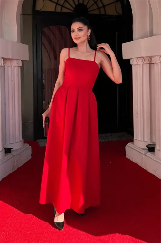 Crepe Fabric Pleated Dress - RED - 2