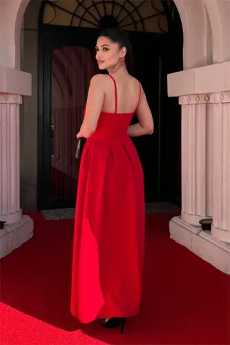 Crepe Fabric Pleated Dress - RED - 5