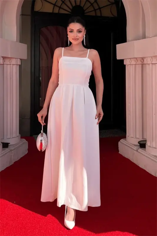 Crepe Fabric Pleated Dress - WHITE - 1