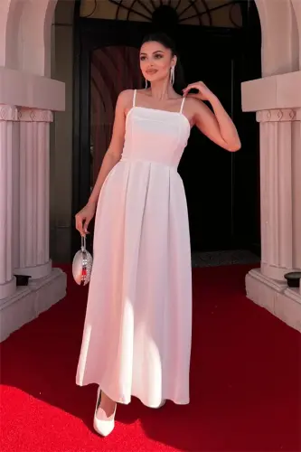 Crepe Fabric Pleated Dress - WHITE - BÜYÜKBEDENIZ (1)