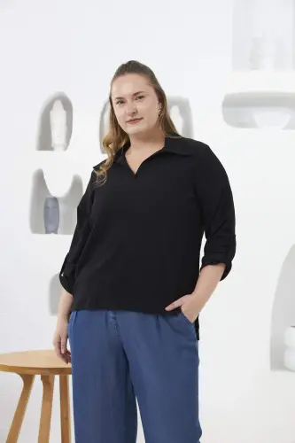 Crepe Fabric Plus Size Black Blouse - 7