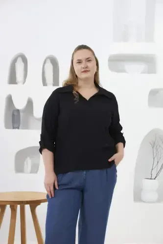 Crepe Fabric Plus Size Black Blouse - 1