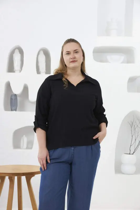 Crepe Fabric Plus Size Black Blouse - 1