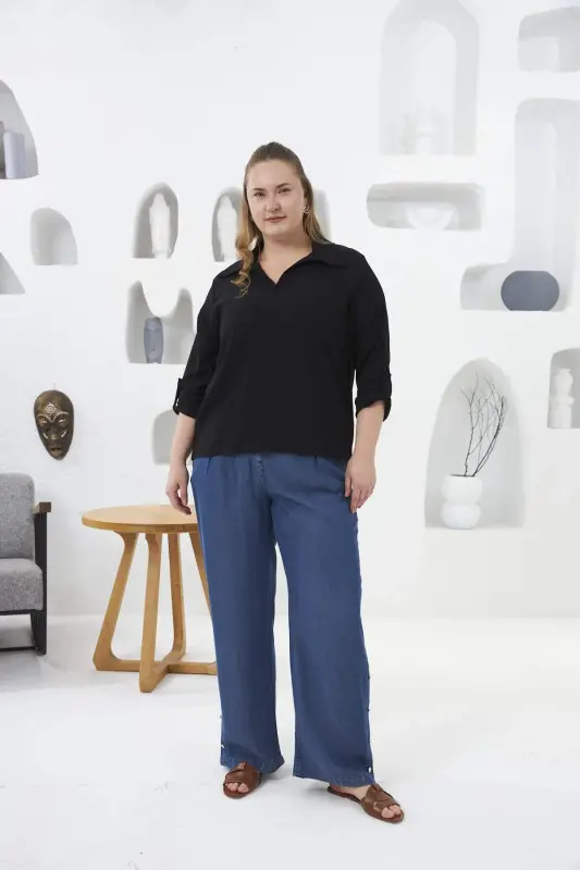 Crepe Fabric Plus Size Black Blouse - 6