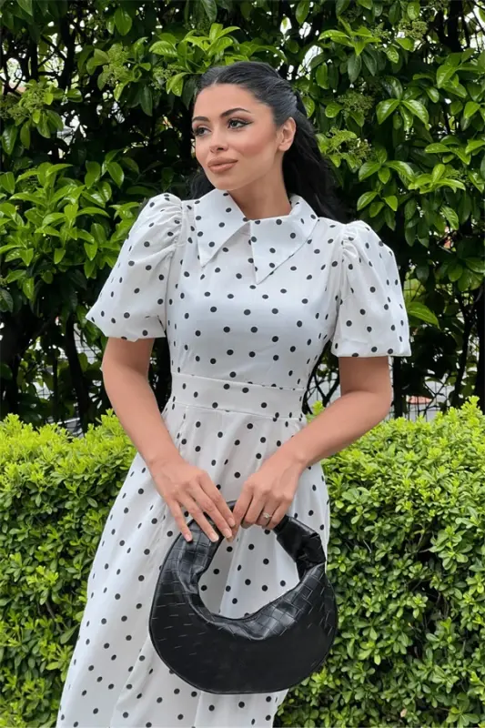 Crepe Fabric Polka Dot Detailed Balloon Sleeve Dress - WHITE - BÜYÜKBEDENIZ