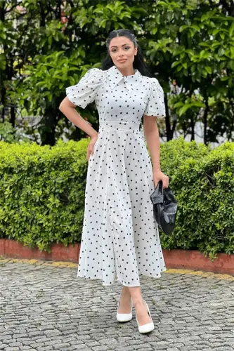 Crepe Fabric Polka Dot Detailed Balloon Sleeve Dress - WHITE - BÜYÜKBEDENIZ (1)