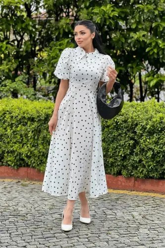 Crepe Fabric Polka Dot Detailed Balloon Sleeve Dress - WHITE - 3