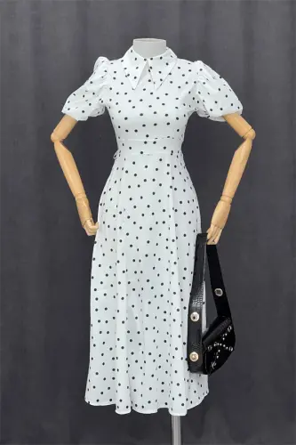 Crepe Fabric Polka Dot Detailed Balloon Sleeve Dress - WHITE - 4