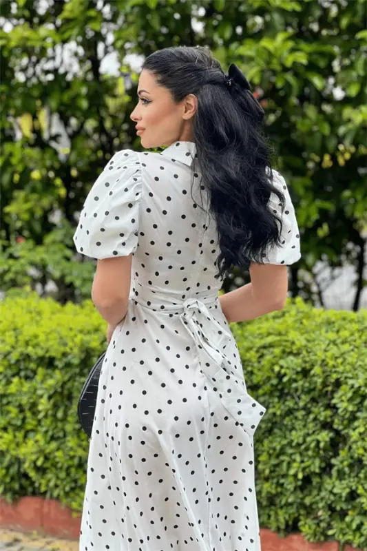 Crepe Fabric Polka Dot Detailed Balloon Sleeve Dress - WHITE - 5