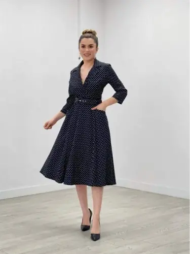 Crepe Fabric Polka Dot Detailed Midi Dress - BLACK - 1