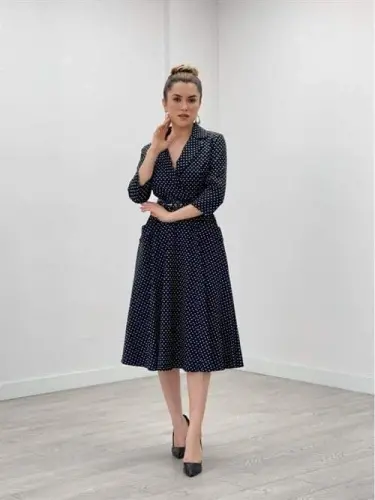 Crepe Fabric Polka Dot Detailed Midi Dress - BLACK - BÜYÜKBEDENIZ (1)