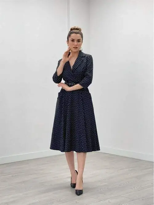 Crepe Fabric Polka Dot Detailed Midi Dress - BLACK - 2