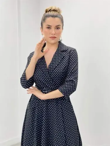 Crepe Fabric Polka Dot Detailed Midi Dress - BLACK - 4