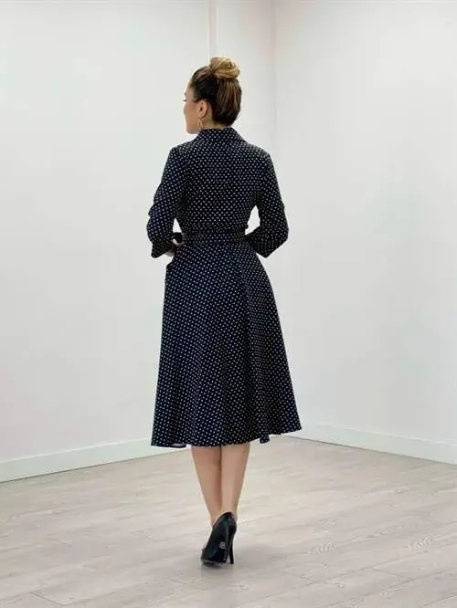 Crepe Fabric Polka Dot Detailed Midi Dress - BLACK - 5