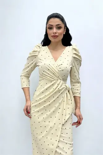 Crepe Fabric Polka Dot Detailed Pencil Dress - CREAM - 1