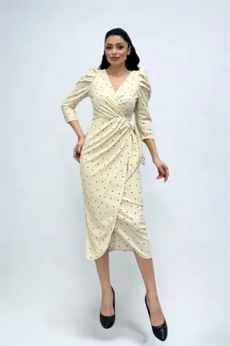 Crepe Fabric Polka Dot Detailed Pencil Dress - CREAM - 2