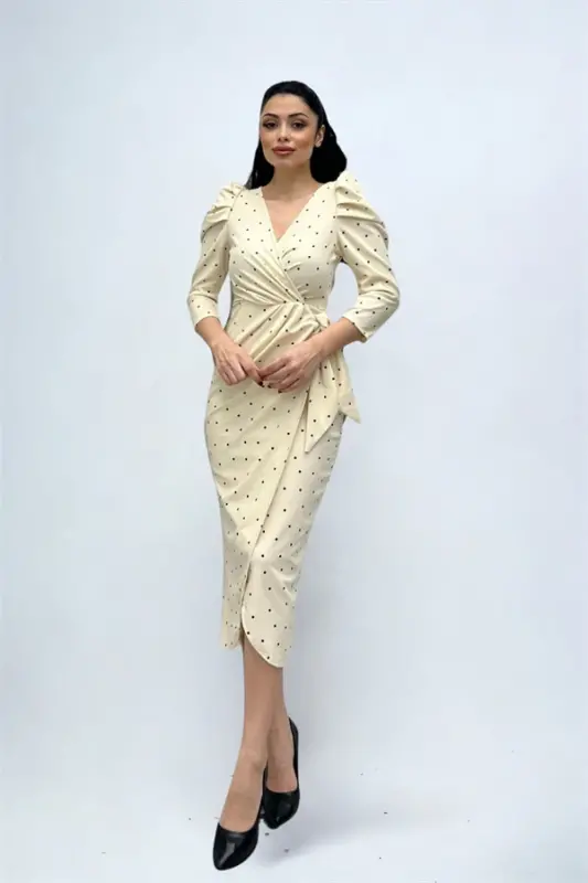 Crepe Fabric Polka Dot Detailed Pencil Dress - CREAM - 4