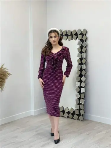 Crepe Fabric Polka Dot Detailed Pencil Dress - PLUM - 1