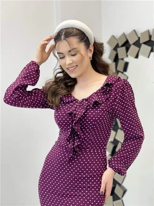 Crepe Fabric Polka Dot Detailed Pencil Dress - PLUM - 2