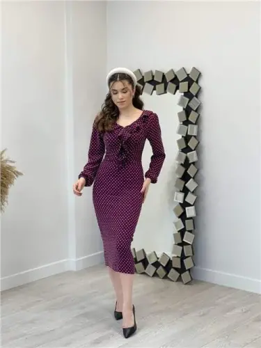 Crepe Fabric Polka Dot Detailed Pencil Dress - PLUM - 3