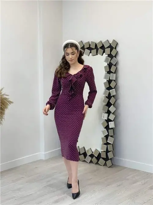 Crepe Fabric Polka Dot Detailed Pencil Dress - PLUM - 3