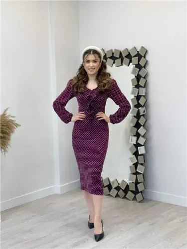 Crepe Fabric Polka Dot Detailed Pencil Dress - PLUM - 5
