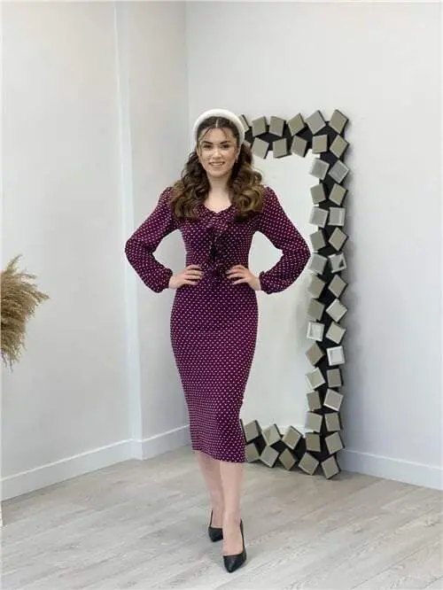 Crepe Fabric Polka Dot Detailed Pencil Dress - PLUM - 5