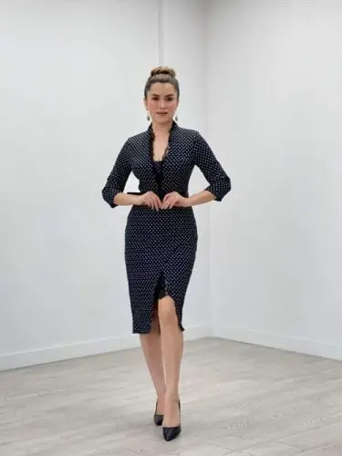 Crepe Fabric Polka Dot Lace Detailed Pencil Dress - BLACK - 1