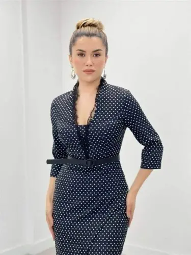 Crepe Fabric Polka Dot Lace Detailed Pencil Dress - BLACK - 3