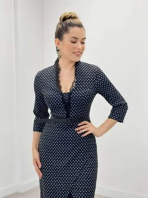 Crepe Fabric Polka Dot Lace Detailed Pencil Dress - BLACK - 4