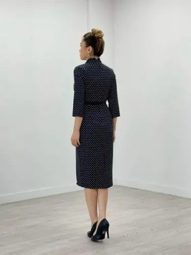 Crepe Fabric Polka Dot Lace Detailed Pencil Dress - BLACK - 5