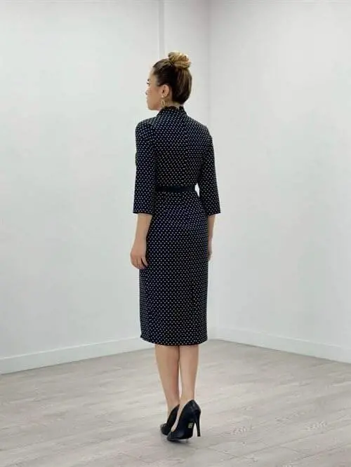 Crepe Fabric Polka Dot Lace Detailed Pencil Dress - BLACK - 5