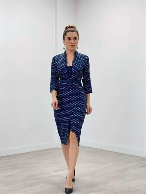 Crepe Fabric Polka Dot Lace Detailed Pencil Dress - NAVY BLUE - 2