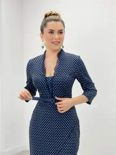 Crepe Fabric Polka Dot Lace Detailed Pencil Dress - NAVY BLUE - 3
