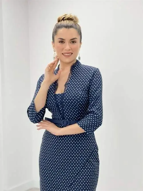 Crepe Fabric Polka Dot Lace Detailed Pencil Dress - NAVY BLUE - 4