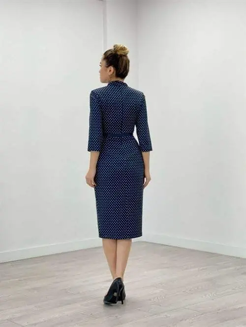 Crepe Fabric Polka Dot Lace Detailed Pencil Dress - NAVY BLUE - 5