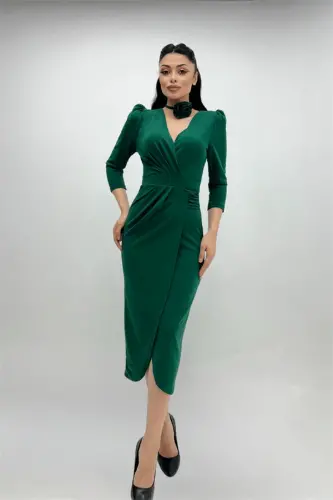 Crepe Fabric Rose Detailed Jacket Dress - EMERALD GREEN - BÜYÜKBEDENIZ (1)