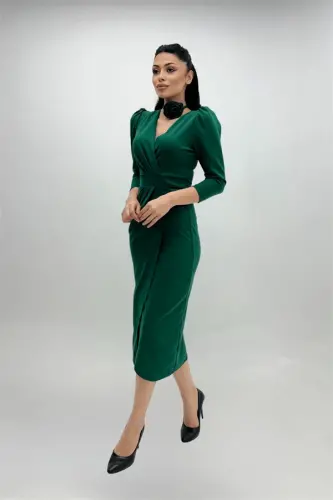Crepe Fabric Rose Detailed Jacket Dress - EMERALD GREEN - 4