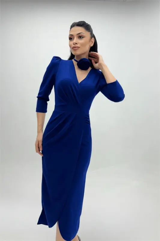 Crepe Fabric Rose Detailed Jacket Dress - SAXE BLUE - 3
