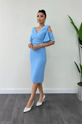 Crepe Fabric Ruched Detail Pencil Dress - BABY BLUE - 1