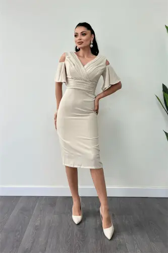 Crepe Fabric Ruched Detail Pencil Dress - BEIGE - 1