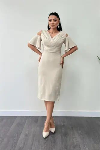 Crepe Fabric Ruched Detail Pencil Dress - BEIGE - BÜYÜKBEDENIZ (1)