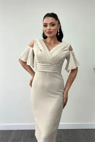 Crepe Fabric Ruched Detail Pencil Dress - BEIGE - 3