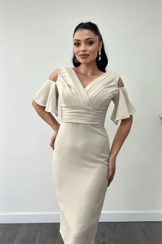 Crepe Fabric Ruched Detail Pencil Dress - BEIGE - 3