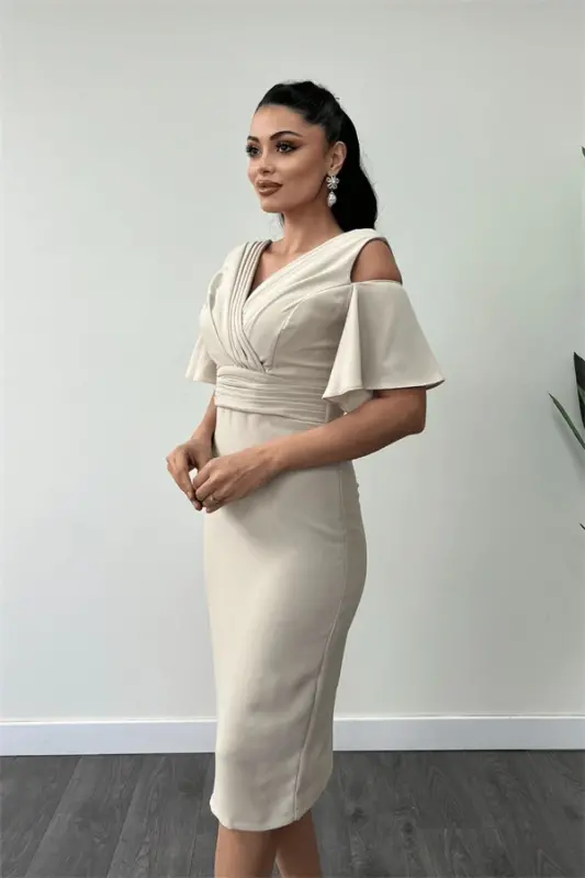 Crepe Fabric Ruched Detail Pencil Dress - BEIGE - 4