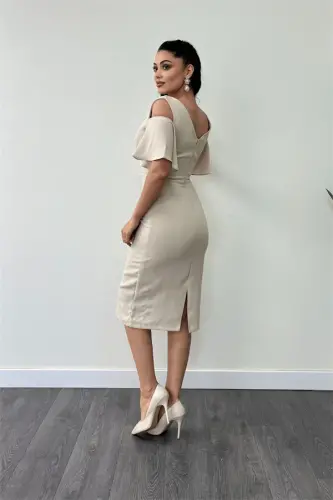 Crepe Fabric Ruched Detail Pencil Dress - BEIGE - 5