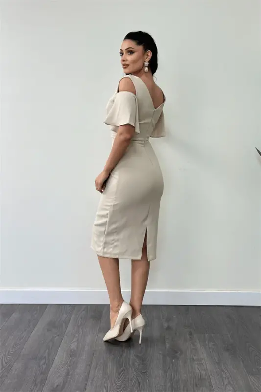 Crepe Fabric Ruched Detail Pencil Dress - BEIGE - 5